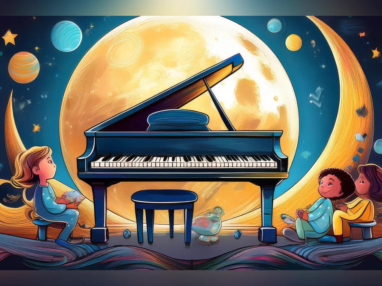 KI-generiertes Bild von einem Klavier vor einem großen Mond