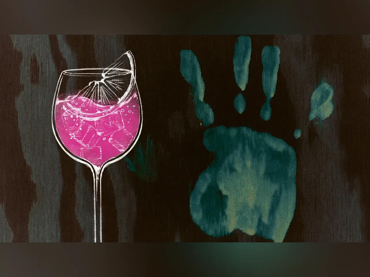 Auf dem dunklen Hintergrund der Grafik ist ein grünlicher Handabdruck zu sehen. Davor findet sich die Zeichnung eines Cocktailglases mit rosa Inhalt.