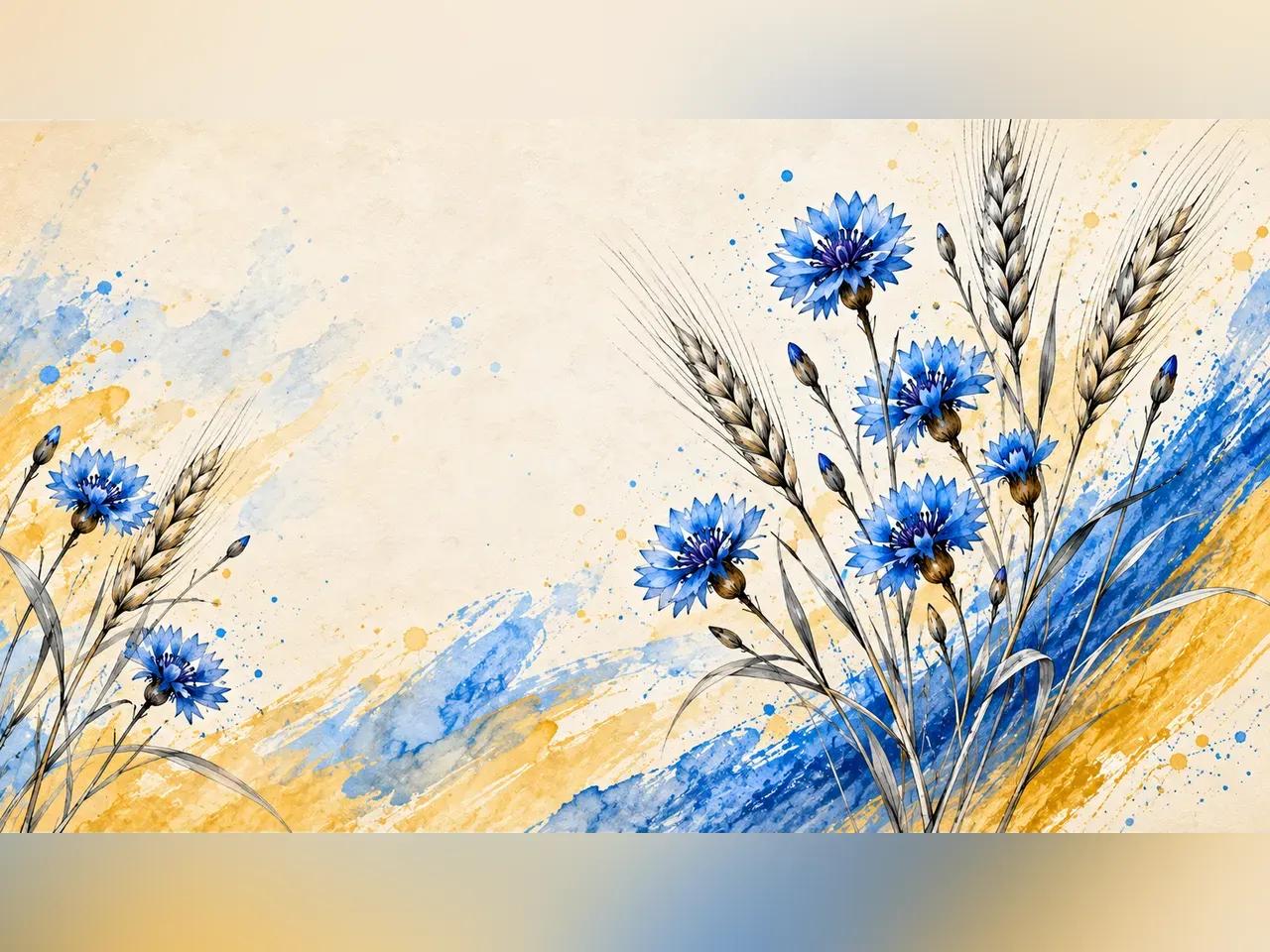 Grafik mit Kornblumen und blau-gelben Elementen