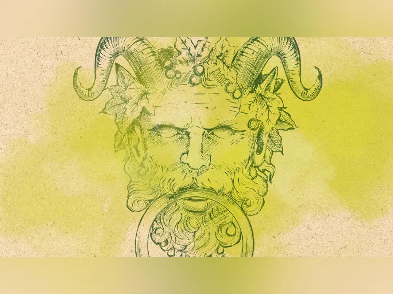 Zeichnung eines Türklopfers in Form eines männlichen Kopfes mit geschwungenen Hörnern und Blätter in den Haaren, sodass die Figur an einen Dämon erinnert. 
