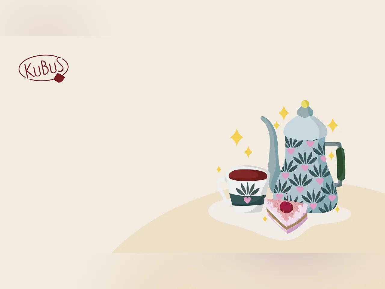 Grafik mit Kaffeekanne, Kaffetasse, Kuchen