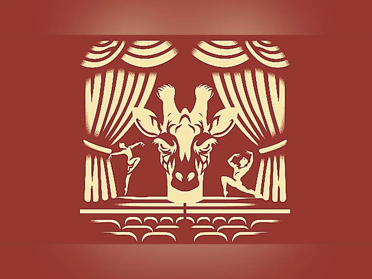 rote Grafik mit einer Giraffe auf einer Bühne